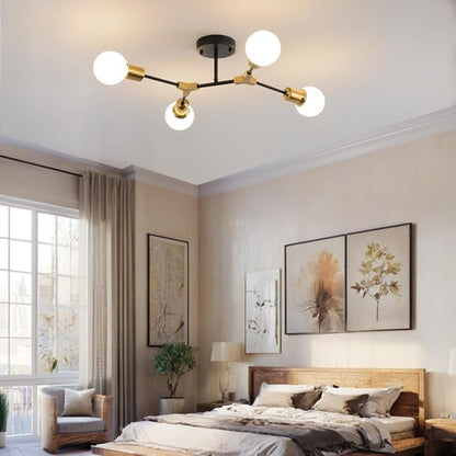 Mid Century Gold and Black Semi Flush Mount Ceiling Light,Modern 4 Light Fixture for Kitchen Dining Room Bedroom Lighting,Foyer Entryway Hallway Sputnik Chandelier