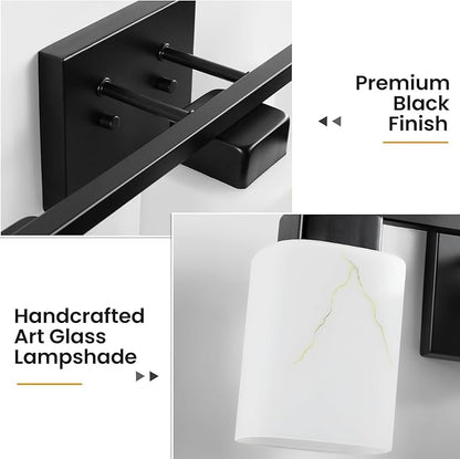 3-Light Square Bathroom Light Fixture, Matte Black Modern Vanity Light with White Marble Glass Shade, for Bathroom Mirror, Living Room, Bedroom, Hallway, E26 Base