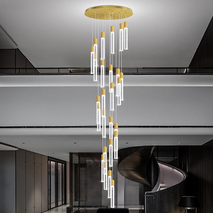 12FT High Ceiling Gold Crystal Chandelier 26-Lights Modern LED Dimmable Pendant Light for Entryway Living Room Dining Room Staircase Foyer Long Hanging Glam Fixture