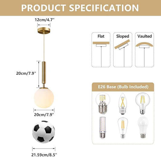 KCO Lighting Modern Globe Pendant Lights Kitchen Island Lighting White and Gold Pendant Light Single Pendant Lighting Frosted Glass Hanging Light Brass Vintage Ceiling Light Fixture
