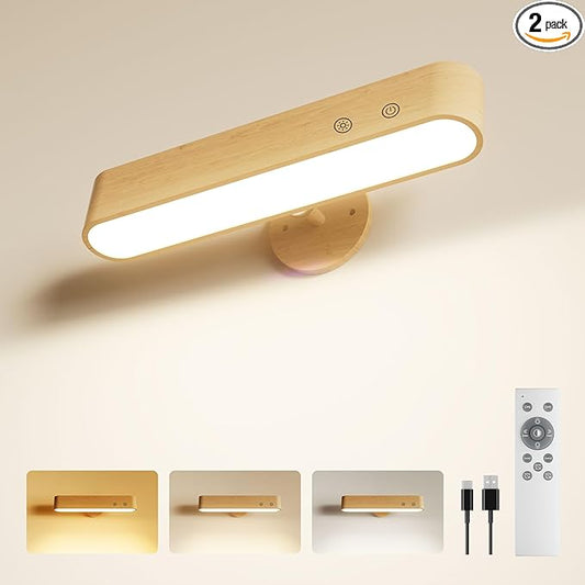 PopoIron 7500 mAh Rechargeable Wood Wall Sconce for Bedroom, LED Wall Light with Remote Control and Touch, 360° Magnetic Rotation, 3 Colours, Dimmable Wooden LED Wall Lamp with 15 RGB Colors,1 Pack