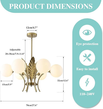BOKT Mid Century Milk Glass Chandelier Gold G9 Ceiling Chandelier Light Industrial Metal Adjustable Pendant Lighting Farmhouse Large Globe Flush Mount Light Fixture for Dining Room Kitchen Indoor