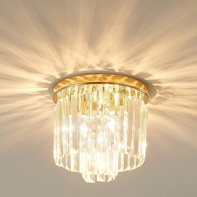 Modern Ceiling Light Crystal Chandelie,2-Tier French Gold Flush Mount Pendant Lighting Fixture for Kitchen Island Light Living Room Bedroom (3-Lights)