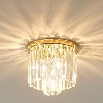Modern Ceiling Light Crystal Chandelie,2-Tier French Gold Flush Mount Pendant Lighting Fixture for Kitchen Island Light Living Room Bedroom (3-Lights)