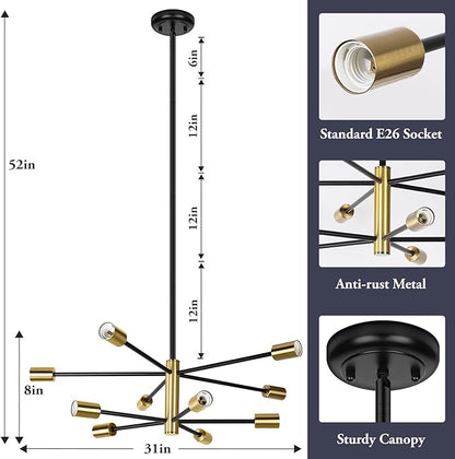 BesLowe 31'' 10-Light Modern Sputnik Chandelier, Mid Century Black & Gold Chandeliers Lighting, Farmhouse Ceiling Hanging Light Fixture for Dining Room Bedroom Room Kitchen Foyer, Height Adjustable