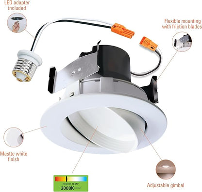 HALO RA 4 Inch Recessed Lighting Adjustable Gimbal LED Light - 1 Pack - Very Wide Flood - 615 Lumens - 3000K Bright White