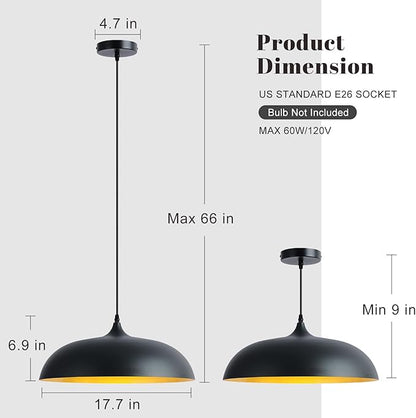 18inch Black and Gold Large Pendant Light, Farmhouse Adjustable Metal Hang Lamp, Vintage DomeCeiling Hanging Light Fixture, Industrial Lighting Fixture for Kitchen Entryway Restaurant Dining Room