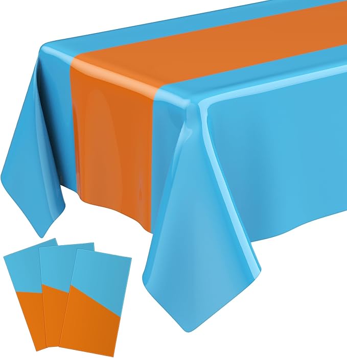 Oudain 3 Pcs Blue & Orange Party Tablecloth 54 x 108 Inch Party Decoration Plastic Rectangle Table Cloth Waterproof Table Cover for Girl Birthday Wedding Bachelorette Anniversary Supplies