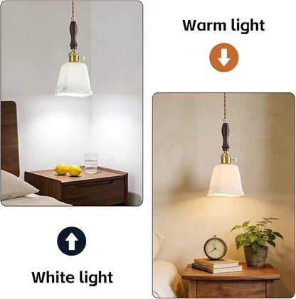 Milky White Glass Vintage Pendant Light Height Adjustable Handmade Glass Pendant Lights Kitchen Island Gold Hanging Light Fixture with Wood Handle for Bedroom Dining Room Hotel (1 Pack)