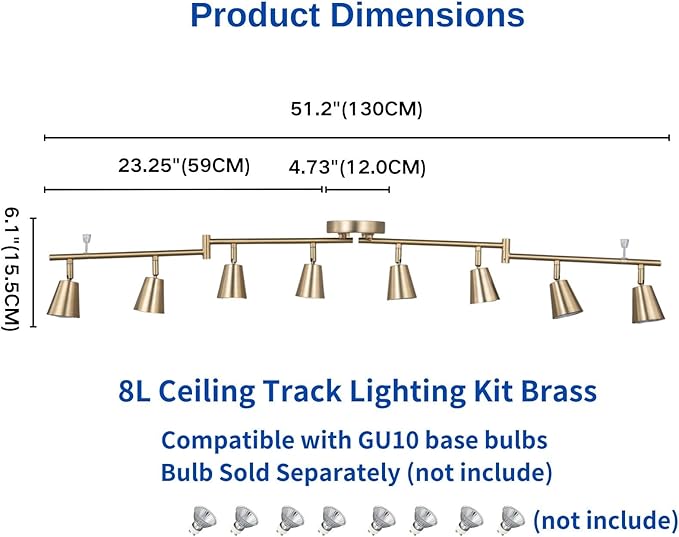 8 Light LED Track Lighting Kit, Matte Brass Adjustable with Moden Flush Mount Ceiling Spotlight,GU10 Socket Bulbs,Flexible Foldable Arms for Kitchen,Dining,Living Room, Bedroom