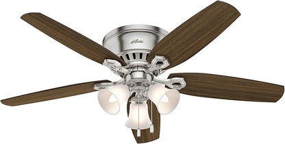 Hunter 52 inch Indoor Ceiling Fan with LED Lights - Ceiling Fan with Pull Chain, For Bedroom, Living Room, or Kitchen, Low Profile Flush Mount, No Remote, 5 Blades - Builder 53328, Brushed Nickel