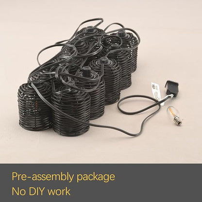 Natural Rattan String Lights, 10 Rustic Raffia Cage, 13 Ft Plug in & Connectable Wicker Lights,Black Rattan
