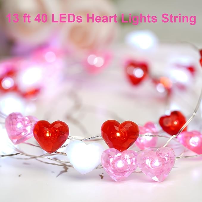 BOHON Valentine Day Decorations, 13 ft 40 LEDs Heart Lights String, Red White Pink Fairy String Lights Battery Operated, Valentines Decor for The Home Galentines Day Indoor Garland Party with Timer