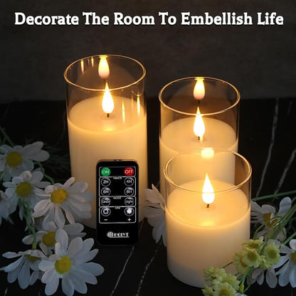 Rechargeable Flameless Glass Pillar Candles–Gifts for Women,–Set of 3, Realistic Flickering LED Light,Remote & Timer, Ideal for Living Room, Bedroom & Festival Wedding Home Party Decor