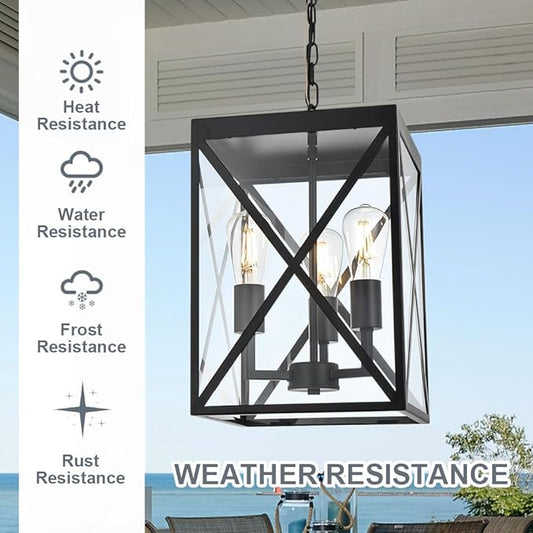 TODOLUZ Large Outdoor Porch Light Adjustable Chain, 3-Lights Modern Outdoor Pendant Lighting in Matte Black Finish, Outside Ceiling Mount Lamp for House Front Door Porch Patio Entryway