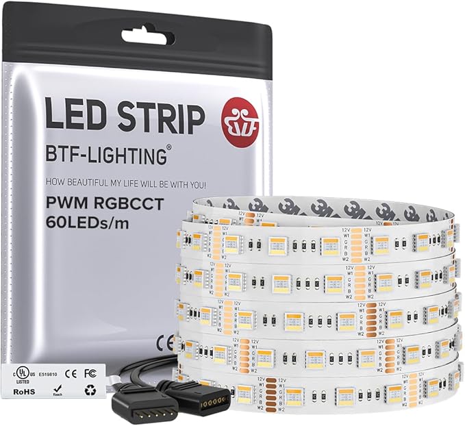 BTF-LIGHTING RGBCCT 5 Colors in 1 LED 5050SMD RGBWW RGB+Dimmable Tunable Color Temperature 2700K-6500K 16.4ft 60LEDs/m 300LEDs DC12V Multi-Colored Tape Lights IP30 White PCB(No Adapter or Controller)