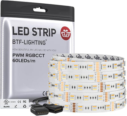 BTF-LIGHTING RGBCCT 5 Colors in 1 LED 5050SMD RGBWW RGB+Dimmable Tunable Color Temperature 2700K-6500K 16.4ft 60LEDs/m 300LEDs DC12V Multi-Colored Tape Lights IP30 White PCB(No Adapter or Controller)