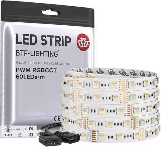 BTF-LIGHTING RGBCCT 5 Colors in 1 LED 5050SMD RGBWW RGB+Dimmable Tunable Color Temperature 2700K-6500K 16.4ft 60LEDs/m 300LEDs DC12V Multi-Colored Tape Lights IP30 White PCB(No Adapter or Controller)