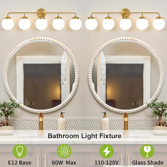 Bathroom Light Fixtures Gold Vanity Lights Over Mirror, Modern Wall Sconce Lighting 5-Light with White Glass Globe Shade