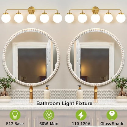 Bathroom Light Fixtures Gold Vanity Lights Over Mirror, Modern Wall Sconce Lighting 5-Light with White Glass Globe Shade