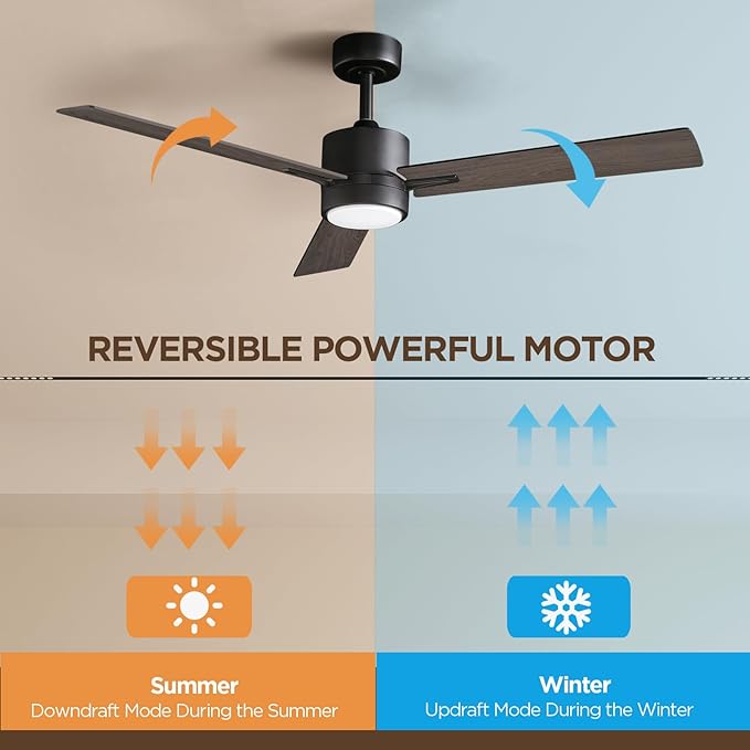 Ceiling Fan with Light Remote: 52 Inch Modern Bedroom Fans with Dimmable Tri-Color Temperature LED - Quiet Reversible DC Motor - Indoor Outdoor