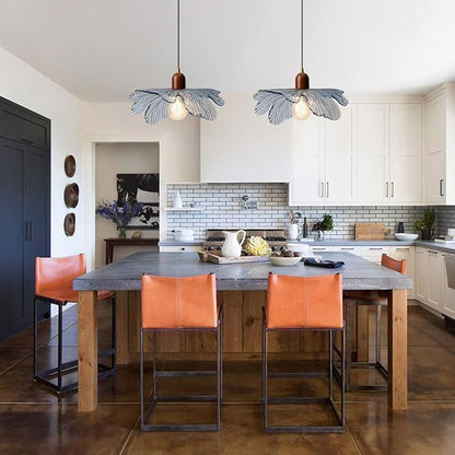 Mid Century Blue Glass Hanging Light Solid Wood Pendant Light Kitchen Island Flower Chandelier Adjustable Hanging Light for Kitchen Island Dining Room Hallway
