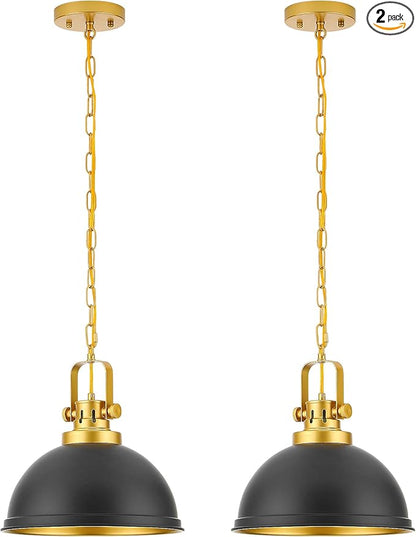 2-Pack Black Gold Pendant Lights Kitchen Island, Modern Dome Pendant Lights Matte Black Dome Hanging Light Fixture for Kitchen Dining Room Foyer Entrance Restaurant Hallway