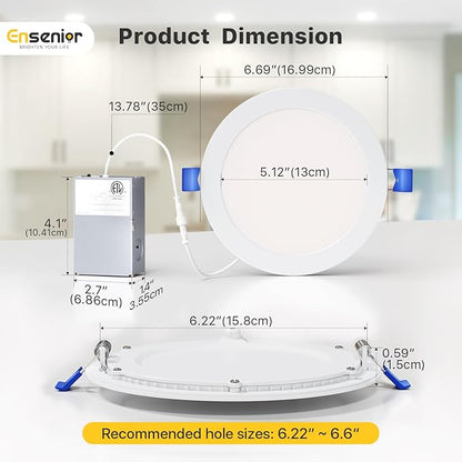 Ensenior 12 Pack 6 Inch LED Recessed Ceiling Light, Dimmable, 2700K-5000K 5CCT, 1200LM 12W 120V, High Brightness Canless Wafer Downlight - ETL&FCC&IC