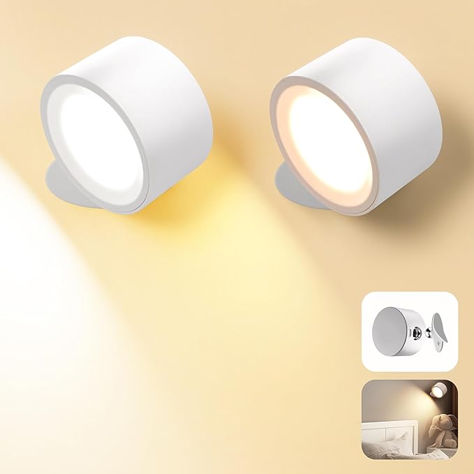 Wall Mounted Lamp LED Wall Lights with Rechargeable Battery Operated, 3 Color Temperatures & 3 Brightness Levels 360°Rotate Magnetic Ball, Cordless Sconces for Reading Bedroom Bedside,White-2 Pack