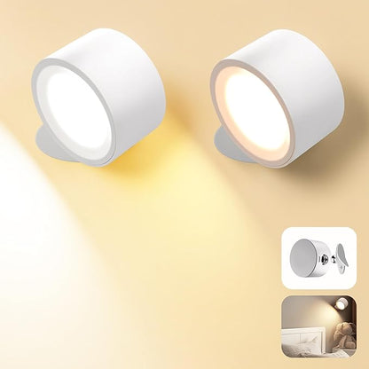 Wall Mounted Lamp LED Wall Lights with Rechargeable Battery Operated, 3 Color Temperatures & 3 Brightness Levels 360°Rotate Magnetic Ball, Cordless Sconces for Reading Bedroom Bedside,White-2 Pack