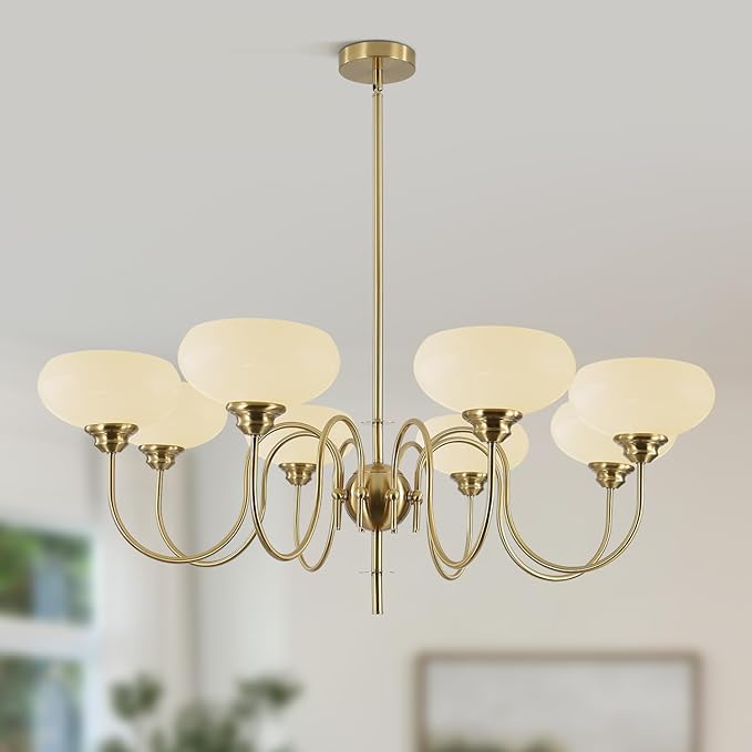 BOKT French Chandelier 8-Lights Large Dining Room Gold Chandelier with Milk White Bowl Glass Lampshade Modern Living Room Adjustable Rod Semi Flush Ceiling Sputnik Chandelier Light Fixtures