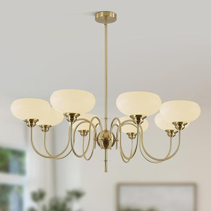 BOKT French Chandelier 8-Lights Large Dining Room Gold Chandelier with Milk White Bowl Glass Lampshade Modern Living Room Adjustable Rod Semi Flush Ceiling Sputnik Chandelier Light Fixtures