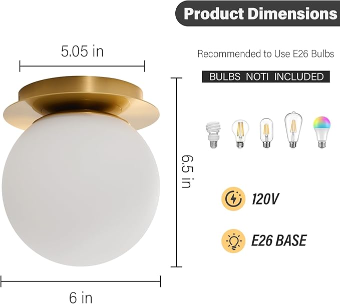 Modern Globe Brass Wall Sconce: 6" Gold Mid Century Modern Indoor Wall Mounted Lamp - Small Minimalist Frosted White Glass Bathroom Sconces - Ball Vanity Light for Bedroom Living Room Hallway Entryway