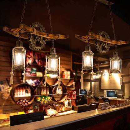 Wood Retro Pendant Lighting Industrial Vintage Chandelier Black Metal Bedroom Restaurant Suspension Lamp Cage Frame with Glass Shade House Loft Bar Coffee Decoration Ceiling Lights Fitting, E2