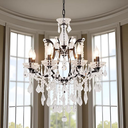 8-Light Crystal Chandelier Black Finish Modern Luxury Antique Flush Mount Chandelier with Crystal Drops Prisms Beads, Elegant Dining Room Living Room Entryway Foyer Ceiling Light Fixture