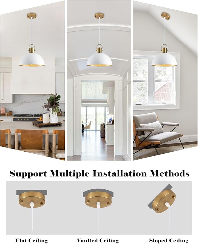 White and Gold Pendant Light 2 Pack, 11.8 Inch Pendant Lights Kitchen Island, Dome Pendant Lights, Farmhouse Pendant Light for Kitchen Island, Dining Room, Living Room