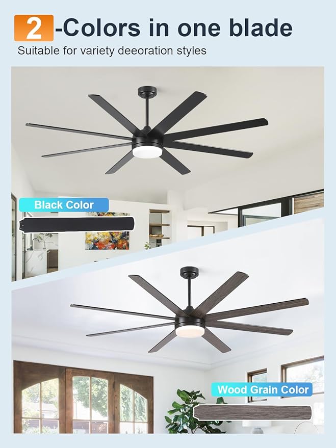 YUHAO 72 Inch Black Ceiling Fan with Light and Remote Control.Noiseless,Dimmable,3CCT,6 Speeds Reversible, DC Ceiling Fans for Indoor or Covered Outdoor Use.ETL Listed