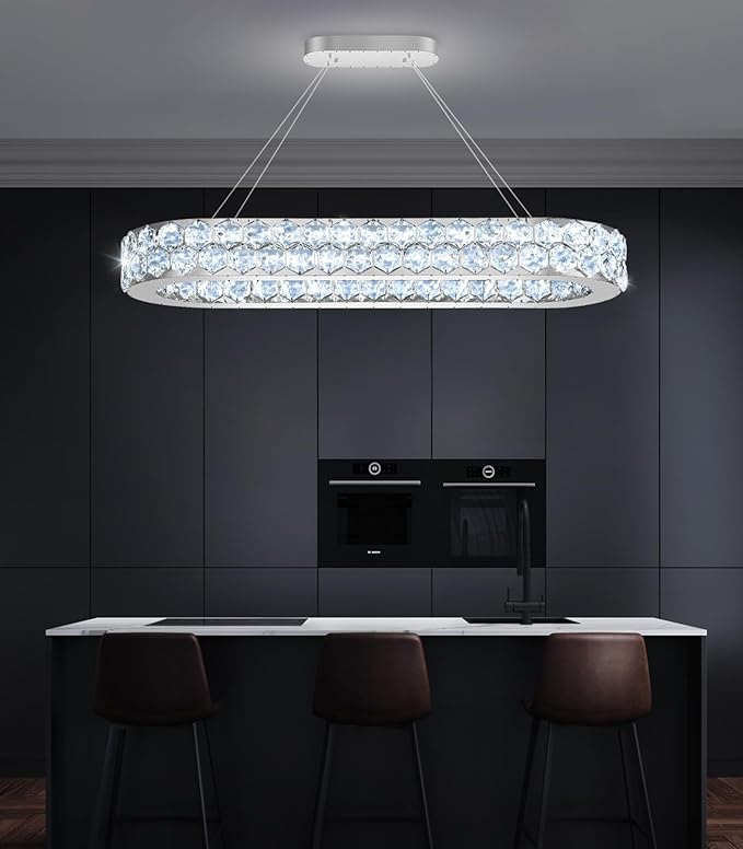 32'' Modern Oval Chandelier Crystal Chandeliers for Dining Room Round Ceiling Light Fixture for Living Room Lighting LED Dimmable with Remote Ring Lights Silver