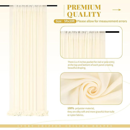 6 Panels Beige Ceiling Drapes for Wedding Ceiling Drapes 5ftx20ft Wedding Arch Draping Fabric Sheer Curtains Voile Chiffon Drapery Draping Decorations for Party Ceremony Stage