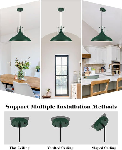 Green Pendant Light 2 Pack, 16 Inch Large Industrial Pendant Lights, Green Pendant Lights Kitchen Island, Large Farmhouse Pendant Light for Kitchen Island, Dining Room, Hallway