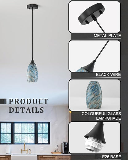 ANYLOVE Vintage Art Blue Pebble Pendant Lighting,3-Pack Hand Glass Hanging Light Fixture,Adjustable Cord for Kitchen,Hallway,Dining Room