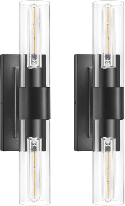 Black Wall Sconces Set of Two,Modern Bathroom Light Fixtures,2-Light Sconces Wall Lighting with Thickened Tempered Clear Glass,19 in Indoor Hardwired Wall Lights for Bedroom,Mirror, E26 Base