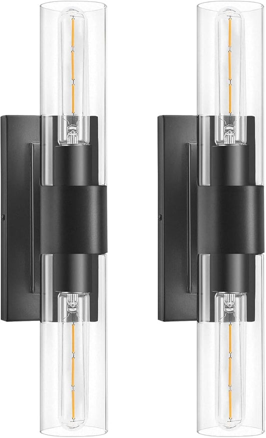 Black Wall Sconces Set of Two,Modern Bathroom Light Fixtures,2-Light Sconces Wall Lighting with Thickened Tempered Clear Glass,19 in Indoor Hardwired Wall Lights for Bedroom,Mirror, E26 Base