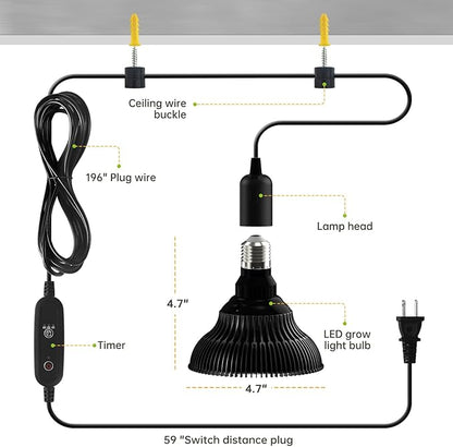 Hanging Grow Lights for Indoor Plants, 25W 5000K, LED Hanging Grow Light Bulbs with Timer, Height Adjustable Hanging Plant Light, Full Spectrum Pendant Grow Light for Seed Starting, Black
