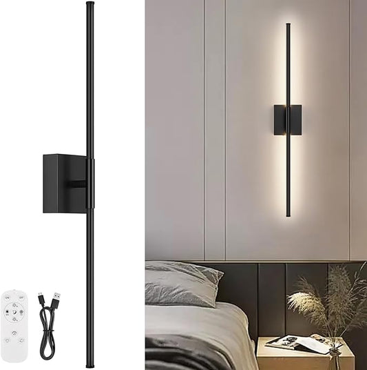 Battery Operated Wall Sconce, 5CCT Dimmable Black Wall Lights with Remote Control, Timable LED Wireless Wall Sconces, 350° Ratate for Bathroom, Living Room, Hallway 29.1 Inch 1 Pack