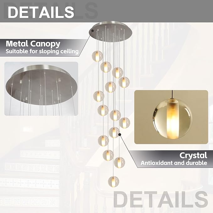 14 Lights Staircase Chandelier for High Ceiling, Dimmable Modern Crystal Raindrop Large Long Hanging Pendant Light for Stairwell Living Room Stair Foyer, Bulbs Included (Nickel Canopy)