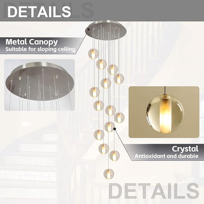 14 Lights Staircase Chandelier for High Ceiling, Dimmable Modern Crystal Raindrop Large Long Hanging Pendant Light for Stairwell Living Room Stair Foyer, Bulbs Included (Nickel Canopy)