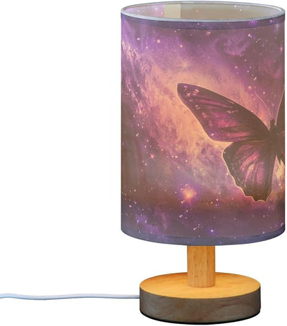 Bedside Table Lamp Butterfly Purple Galaxy Nightstand Lamp with Wood Desk Lamps for Bedroom Living Room Nursery Office Home Decor