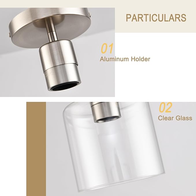 2 Pack Brushed Nickel Ceiling Light Fixture, Modern Semi Flush Mount Ceiling Lights for Bedroom Kitchen Hallway, E26 Base Close to Ceiling Lamp