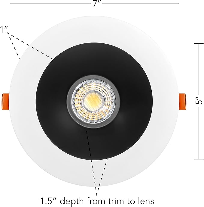 Maxxima 6” Ultra-Thin Recessed Anti-Glare LED Downlight, Canless IC Rated, 1200 Lumens, 5 CCT Select 2700K/3000K/3500K/4000K/5000K, Dimmable, White Trim Black Baffle, 90 CRI, Slim J-Box Included